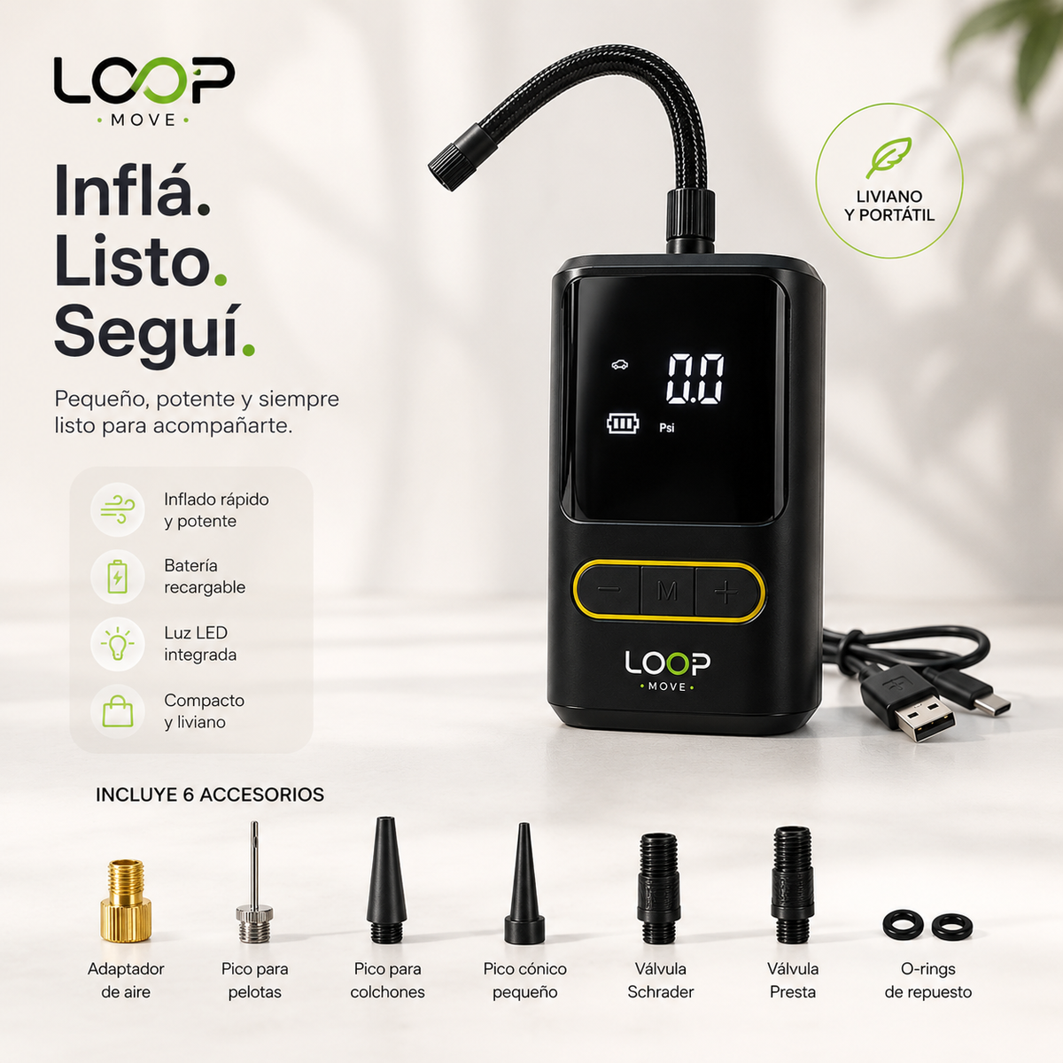 Inflador Portátil LOOP MOVE con 6 accesorios